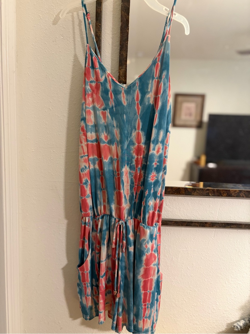 Ariella Tie-Dye Pink and Blue Spaghetti Strap Romper
